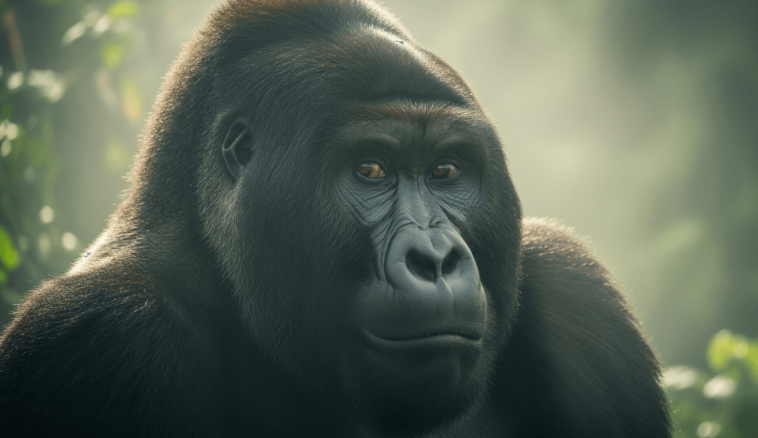 A detailed shot of a mountain gorilla’s face with mist and lush foliage framing the image.