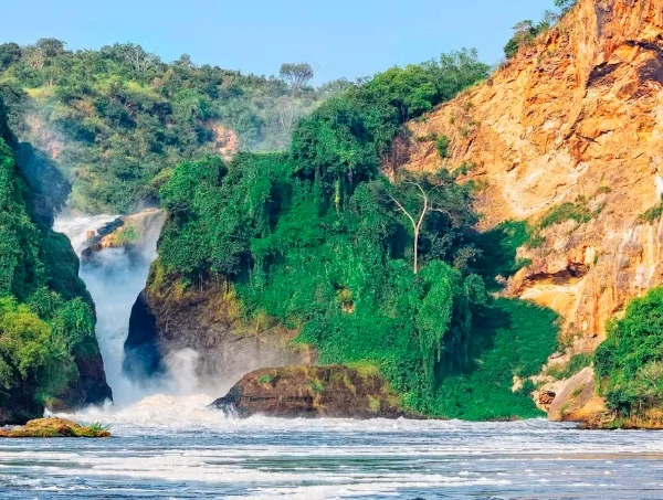Powerful Murchison Falls viewed from below during a boat cruise, with foaming white water crashing through the gorge.