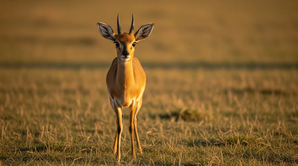 A small oribi antelope standing alone in short grassland, big dark eyes and upright ears, soft golden light at sunset.