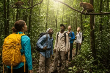 A group of trekkers walking through dense jungle, gazing up at a monkey hanging from a tree branch, filtered sunlight piercing the canopy.
