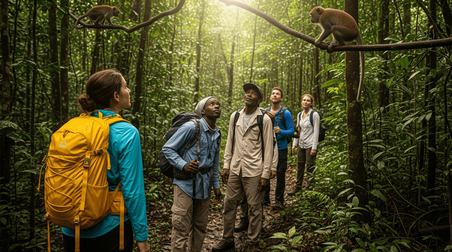 A group of trekkers walking through dense jungle, gazing up at a monkey hanging from a tree branch, filtered sunlight piercing the canopy.
