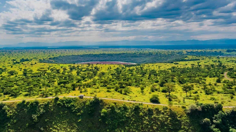 Panoramic view of Queen Elizabeth National Park with winding road cutting through savannah