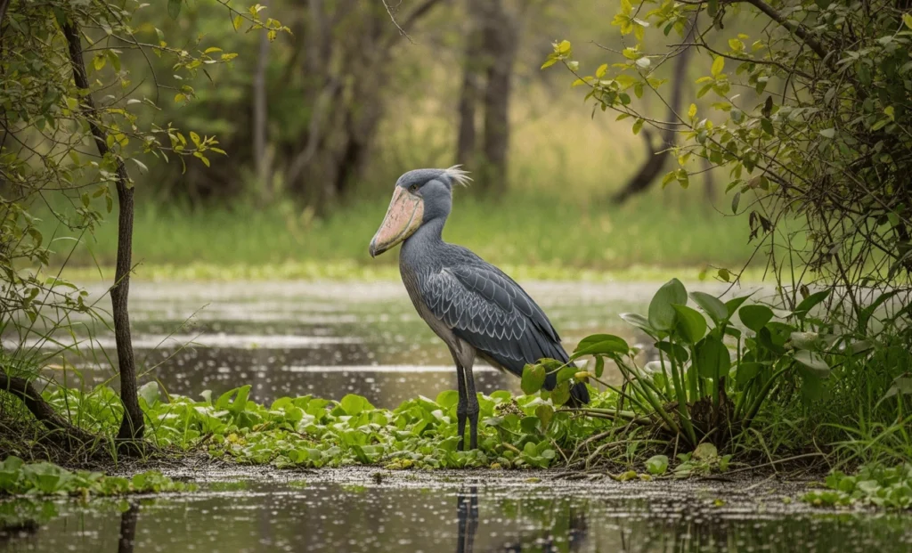 A majestic, grey Shoebill stork standing in shallow water among green papyrus reeds in Uganda's Mabamba Wetlands, its large, distinctive bill prominent.