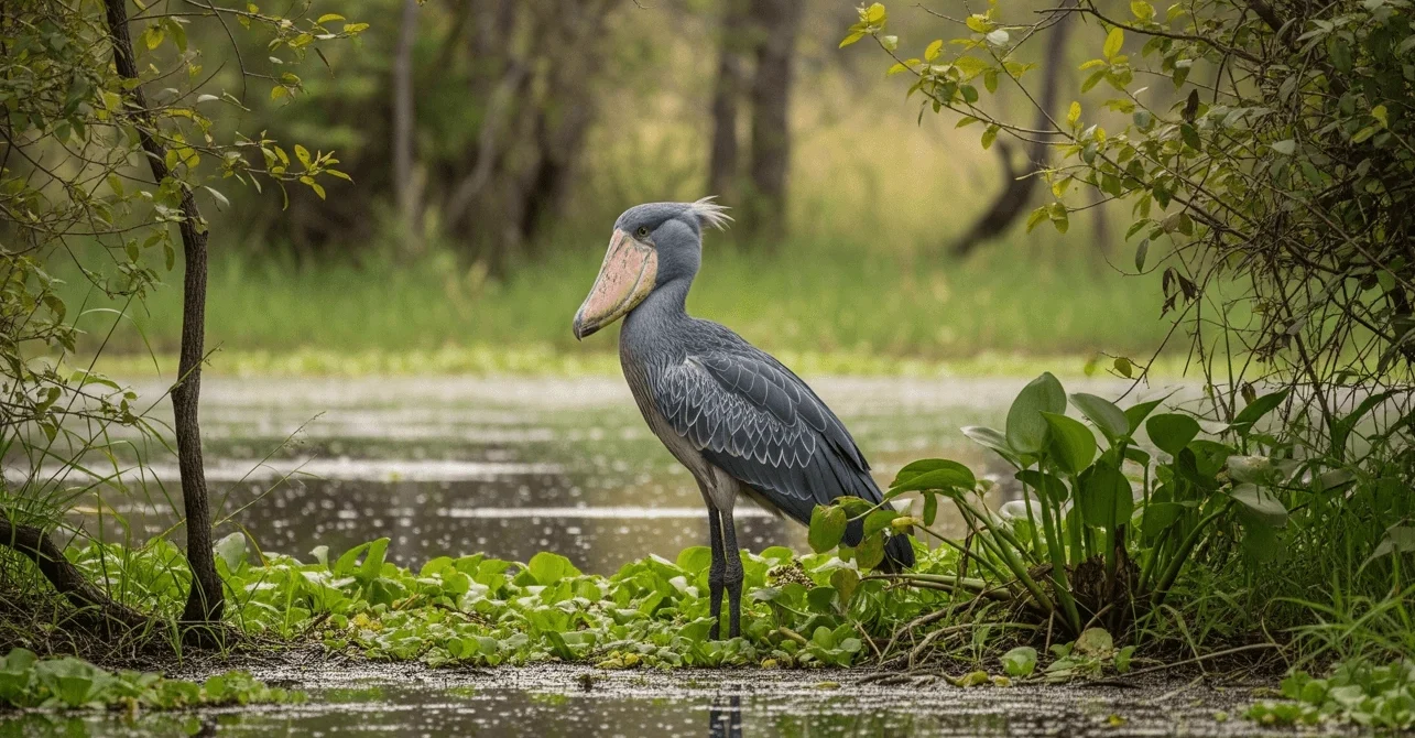 A majestic, grey Shoebill stork standing in shallow water among green papyrus reeds in Uganda's Mabamba Wetlands, its large, distinctive bill prominent.