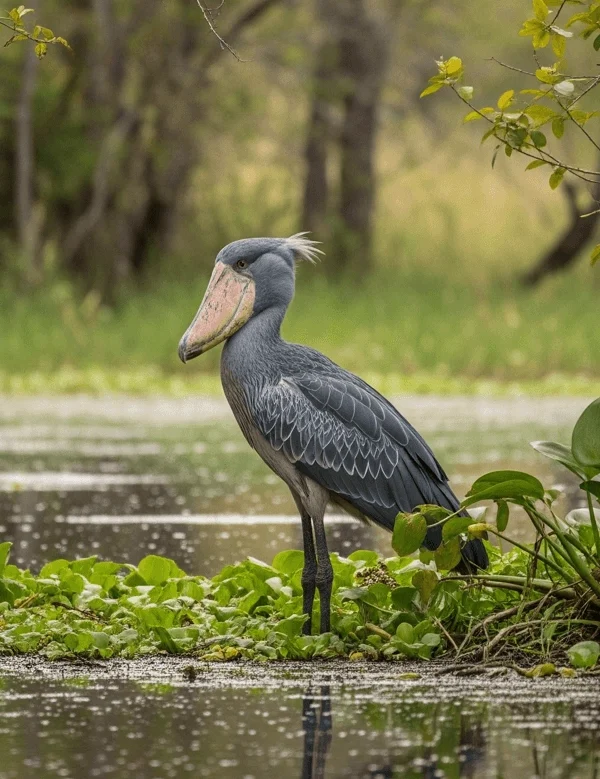 A majestic, grey Shoebill stork standing in shallow water among green papyrus reeds in Uganda's Mabamba Wetlands, its large, distinctive bill prominent.