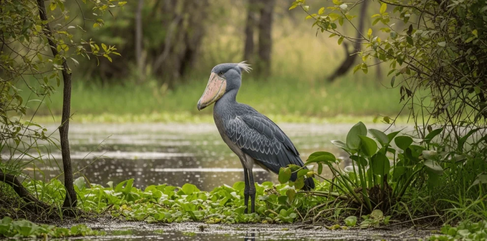 A majestic, grey Shoebill stork standing in shallow water among green papyrus reeds in Uganda's Mabamba Wetlands, its large, distinctive bill prominent.