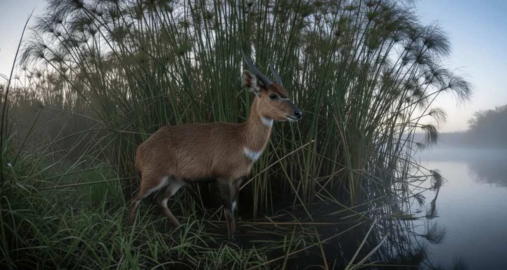 A shy sitatunga partially hidden in papyrus reeds of a swamp, with splayed hooves and wet fur, early morning mist rising.