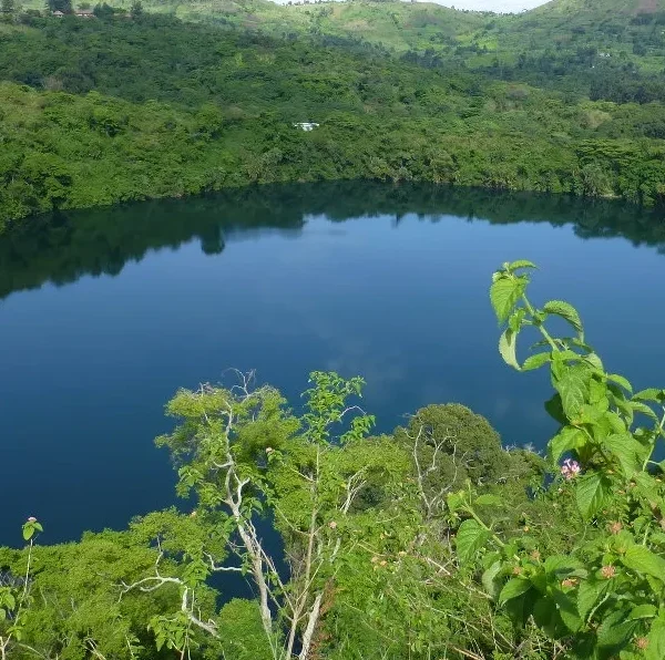 A panoramic view of the unique Toro-Semliki Crater Field, showcasing the numerous volcanic craters and surrounding landscape.