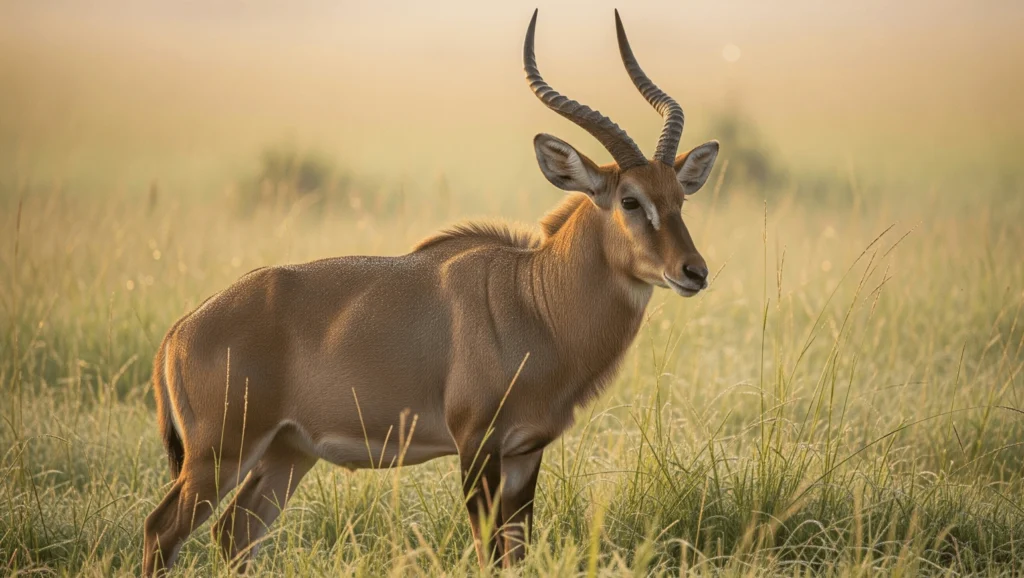 A male Uganda kob standing alert in tall green grass, with spiral horns and golden-brown coat, early morning light, misty background.