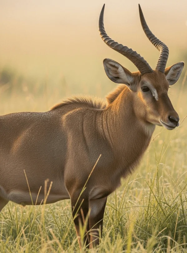 A male Uganda kob standing alert in tall green grass, with spiral horns and golden-brown coat, early morning light, misty background.