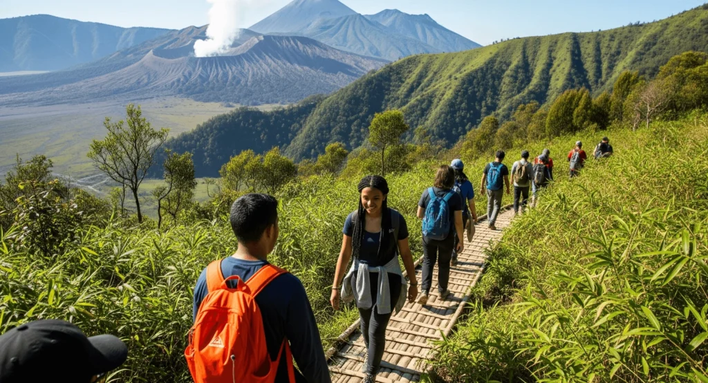 Trekkers walking along a clearer bamboo trail with visible volcanoes or green hills in the background.