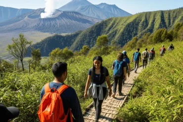 Trekkers walking along a clearer bamboo trail with visible volcanoes or green hills in the background.