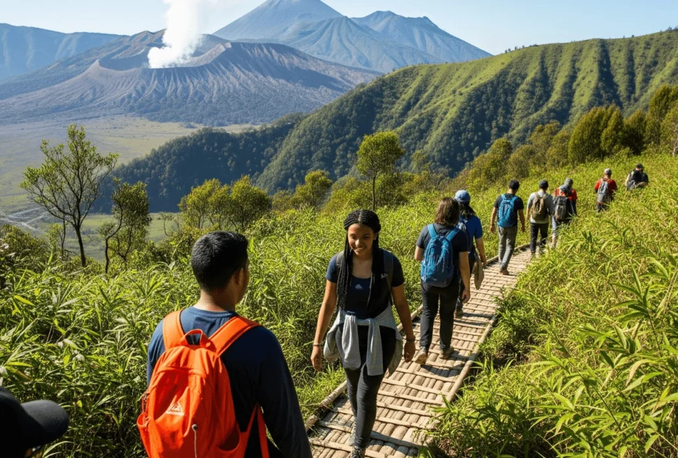 Trekkers walking along a clearer bamboo trail with visible volcanoes or green hills in the background.