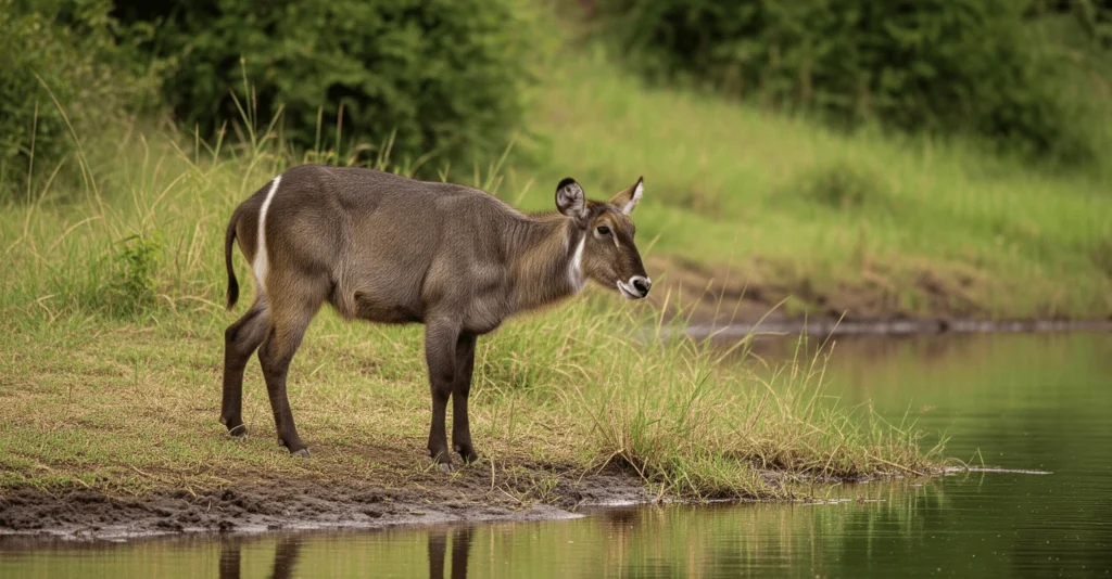 A waterbuck standing near a riverbank, shaggy coat and white ring on its rump clearly visible, dense green backdrop.