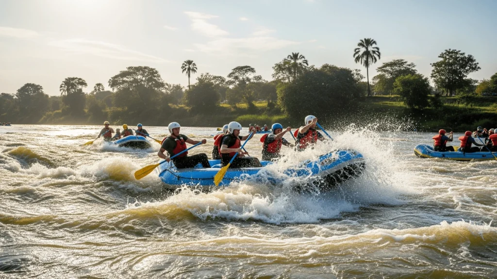 A group of excited rafters navigating a powerful white water rapid on the River Nile in Jinja, Uganda, with lush green banks in the background.