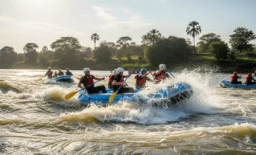 A group of excited rafters navigating a powerful white water rapid on the River Nile in Jinja, Uganda, with lush green banks in the background.