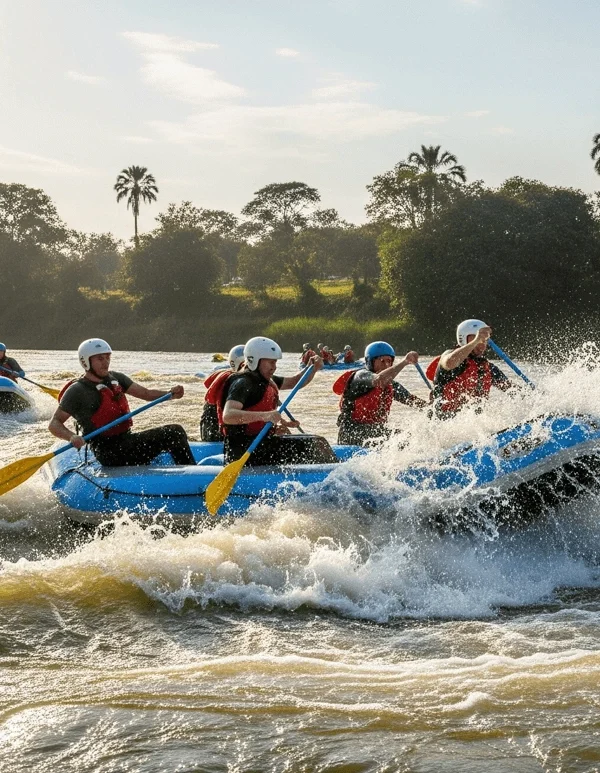 A group of excited rafters navigating a powerful white water rapid on the River Nile in Jinja, Uganda, with lush green banks in the background.