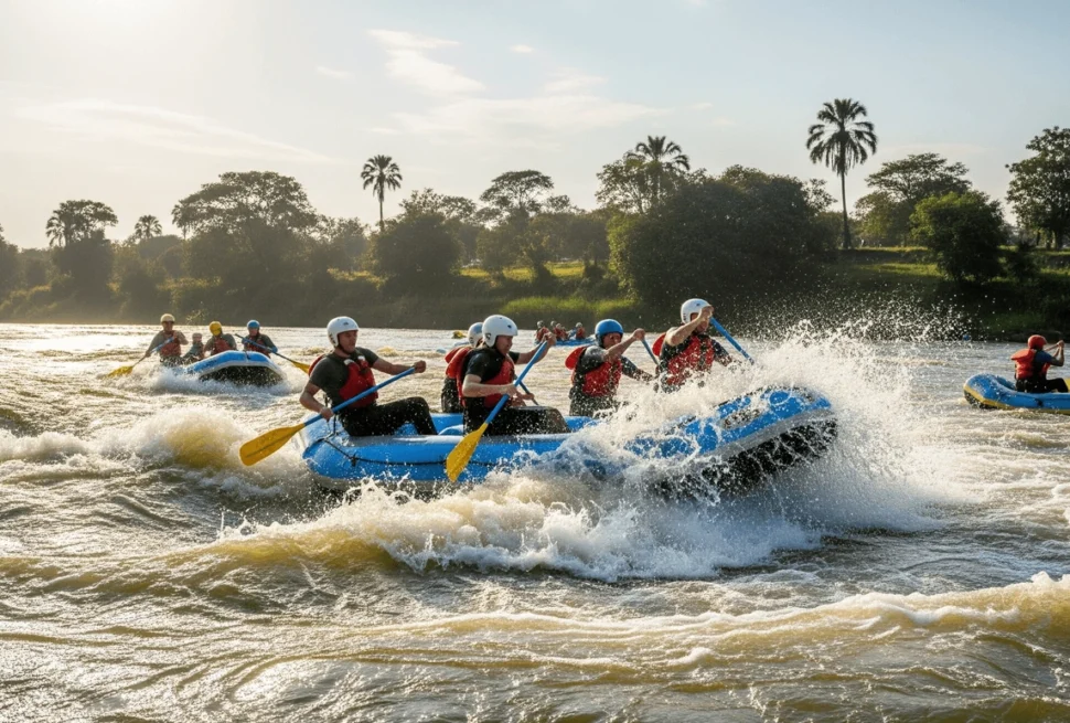 A group of excited rafters navigating a powerful white water rapid on the River Nile in Jinja, Uganda, with lush green banks in the background.