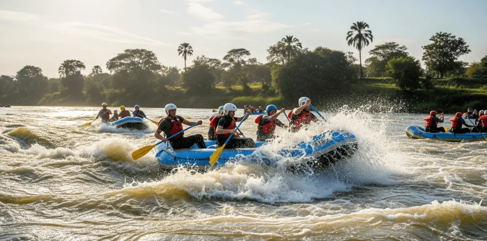 A group of excited rafters navigating a powerful white water rapid on the River Nile in Jinja, Uganda, with lush green banks in the background.