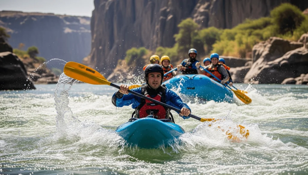 A close-up shot of a safety kayaker expertly guiding a raft down a rapid on the Nile.