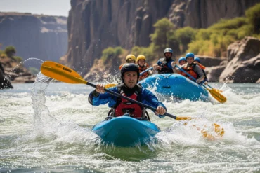 A close-up shot of a safety kayaker expertly guiding a raft down a rapid on the Nile.