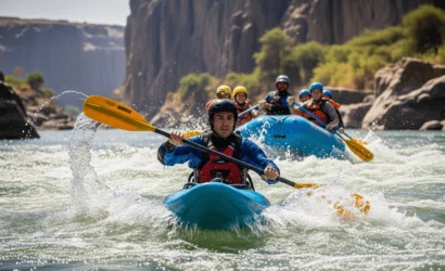 A close-up shot of a safety kayaker expertly guiding a raft down a rapid on the Nile.