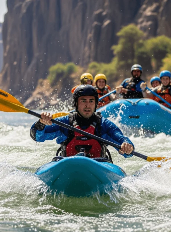 A close-up shot of a safety kayaker expertly guiding a raft down a rapid on the Nile.