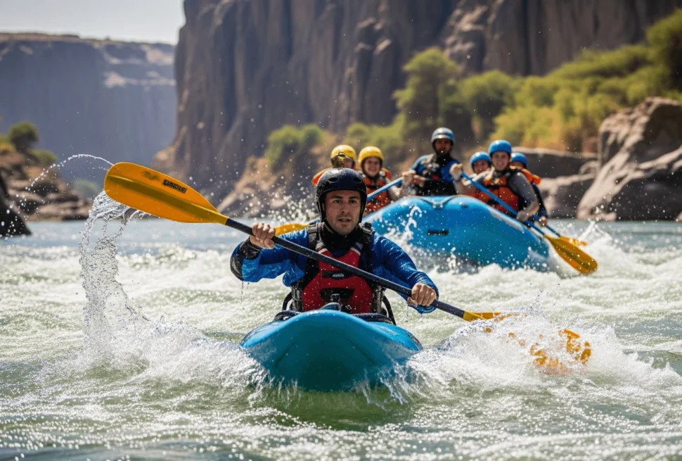A close-up shot of a safety kayaker expertly guiding a raft down a rapid on the Nile.