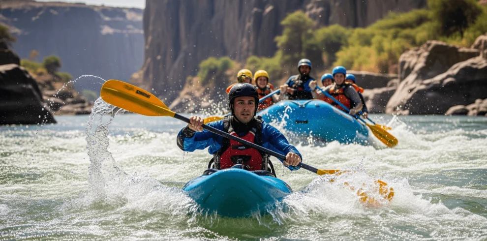 A close-up shot of a safety kayaker expertly guiding a raft down a rapid on the Nile.