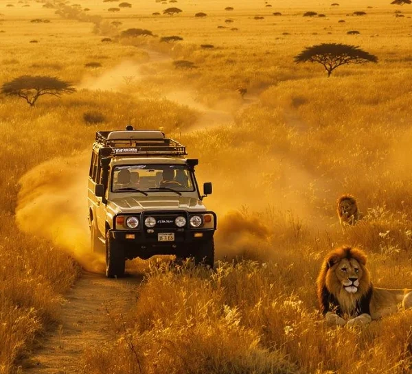 A golden-toned panoramic view of an African savanna with a safari jeep in the distance and majestic lions resting in the foreground.