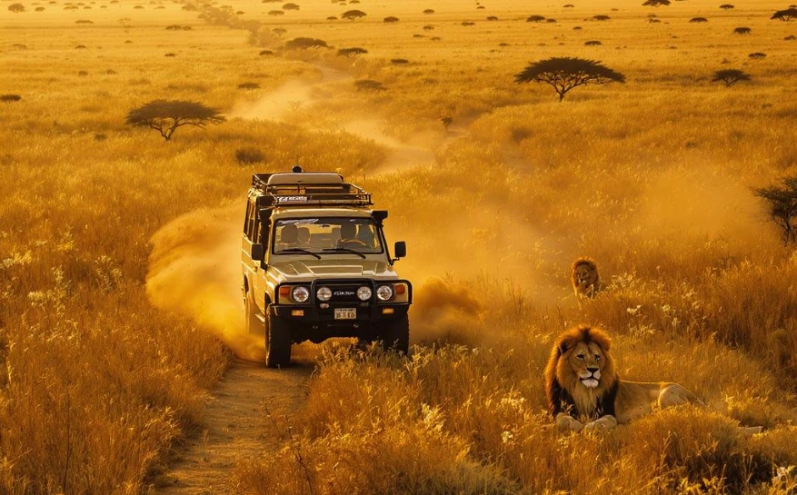 A golden-toned panoramic view of an African savanna with a safari jeep in the distance and majestic lions resting in the foreground.
