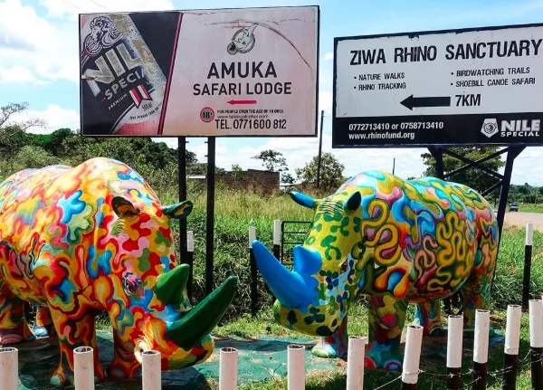 Life-size rhino statues marking the entrance to Ziwa Rhino Sanctuary in Uganda