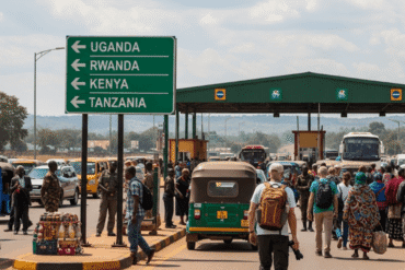 A bustling East African border crossing under a partly cloudy sky, with a prominent green signpost indicating directions to Uganda, Rwanda, Kenya, and Tanzania. Travelers, locals, and various vehicles like tuk-tuks and buses fill the scene, conveying a sense of movement and interconnected journeys between the nations.