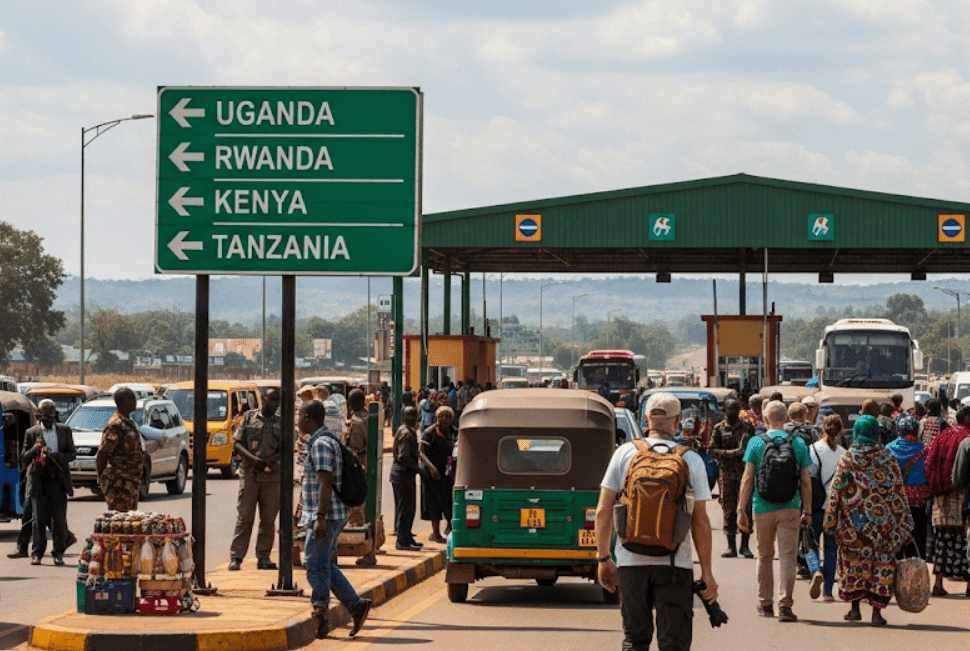 A bustling East African border crossing under a partly cloudy sky, with a prominent green signpost indicating directions to Uganda, Rwanda, Kenya, and Tanzania. Travelers, locals, and various vehicles like tuk-tuks and buses fill the scene, conveying a sense of movement and interconnected journeys between the nations.