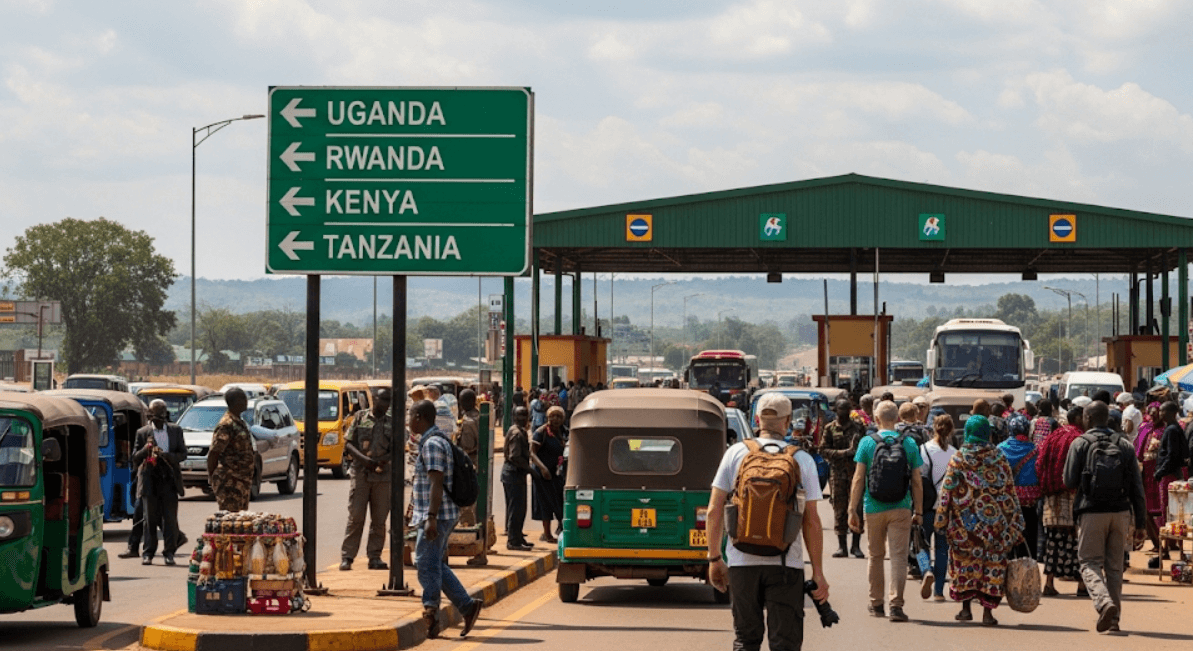 A bustling East African border crossing under a partly cloudy sky, with a prominent green signpost indicating directions to Uganda, Rwanda, Kenya, and Tanzania. Travelers, locals, and various vehicles like tuk-tuks and buses fill the scene, conveying a sense of movement and interconnected journeys between the nations.