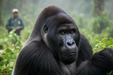 A close-up photo of a mountain gorilla in its natural habitat, with a ranger or tracker quietly observing in the background.