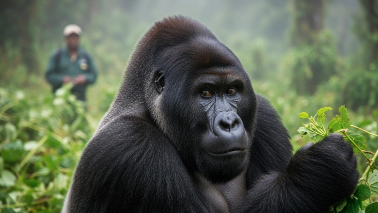 A close-up photo of a mountain gorilla in its natural habitat, with a ranger or tracker quietly observing in the background.