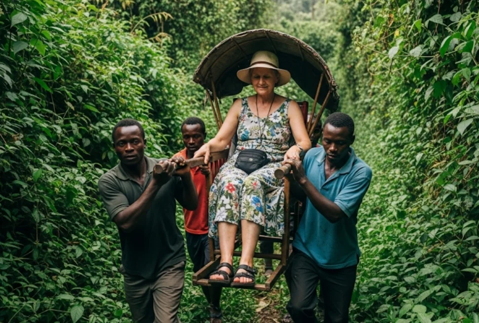 An old, fair-skinned woman, wearing a floral sundress and a wide-brimmed hat, is smiling as she is carried in a traditional wooden sedan chair. The chair is being borne on the shoulders of four strong African porters who are walking through a narrow path in a dense, vibrant green forest, typical of the Bwindi Impenetrable National Park in Uganda. The light is natural, suggesting dappled sunlight filtering through the canopy, capturing a moment from a gorilla trekking expedition.