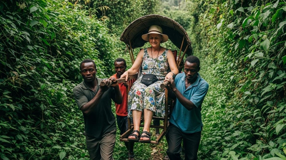 An old, fair-skinned woman, wearing a floral sundress and a wide-brimmed hat, is smiling as she is carried in a traditional wooden sedan chair. The chair is being borne on the shoulders of four strong African porters who are walking through a narrow path in a dense, vibrant green forest, typical of the Bwindi Impenetrable National Park in Uganda. The light is natural, suggesting dappled sunlight filtering through the canopy, capturing a moment from a gorilla trekking expedition.