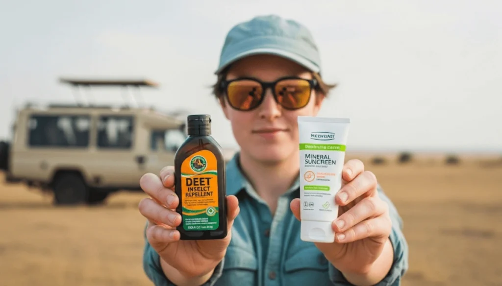 A close-up on a person's hands holding a bottle of DEET-based insect repellent and a tube of mineral sunscreen, with their face, a safari hat, and an out-of-focus safari vehicle in the background. This image emphasizes crucial personal protection items for an African safari.