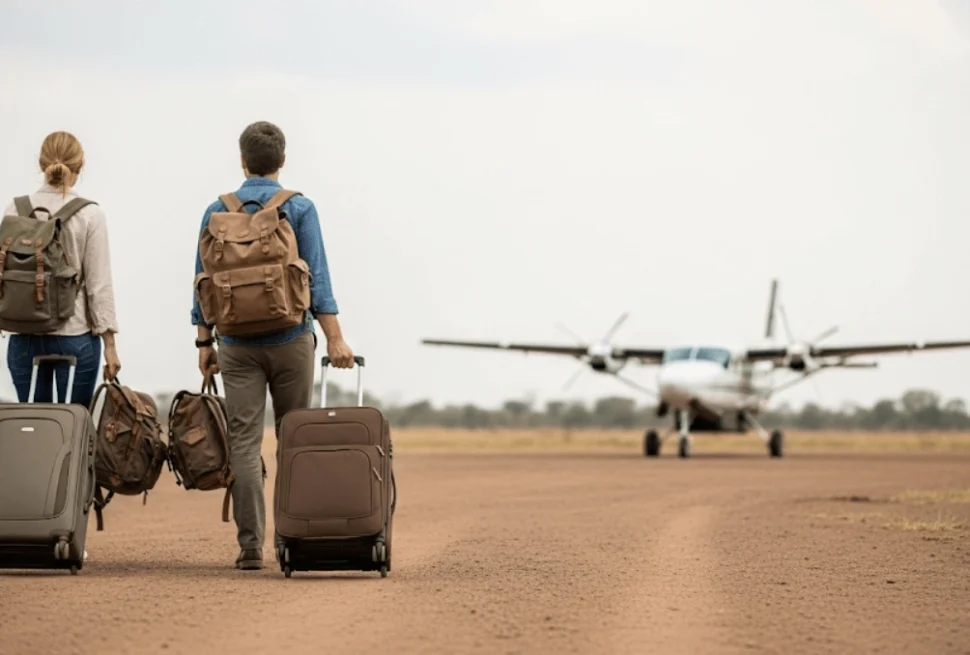 "A couple from behind, hauling substantial wheeled suitcases and wearing well-worn safari backpacks, walking towards a blurred Cessna Grand Caravan on a dirt runway. The image highlights the practical realities and excitement of packing for an African safari adventure.
