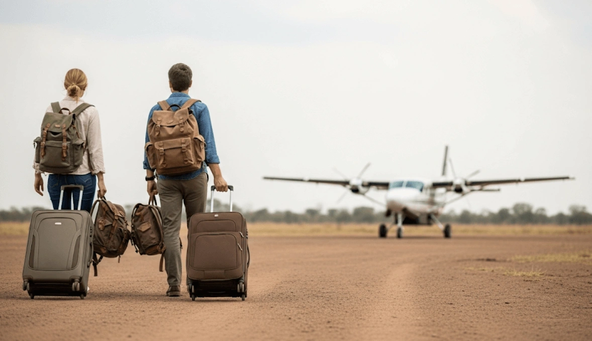 "A couple from behind, hauling substantial wheeled suitcases and wearing well-worn safari backpacks, walking towards a blurred Cessna Grand Caravan on a dirt runway. The image highlights the practical realities and excitement of packing for an African safari adventure.