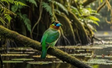 African Green Broadbill at Mubwindi Swamp, rare Albertine Rift endemic