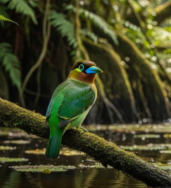 African Green Broadbill at Mubwindi Swamp, rare Albertine Rift endemic