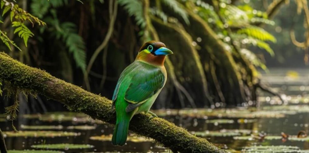 African Green Broadbill at Mubwindi Swamp, rare Albertine Rift endemic