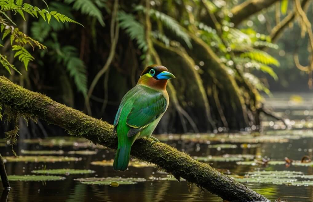 African Green Broadbill at Mubwindi Swamp, rare Albertine Rift endemic