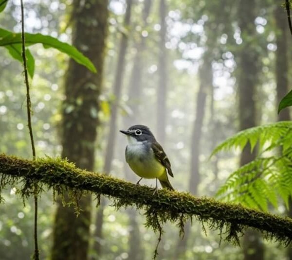 Chapin’s Flycatcher perched in mid-story forest habitat, Bwindi Impenetrable Uganda