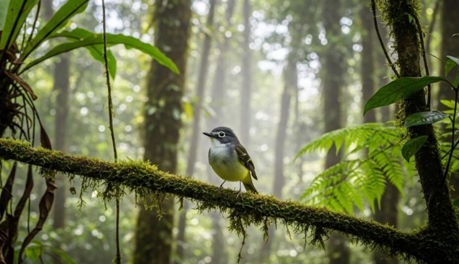 Chapin’s Flycatcher perched in mid-story forest habitat, Bwindi Impenetrable Uganda