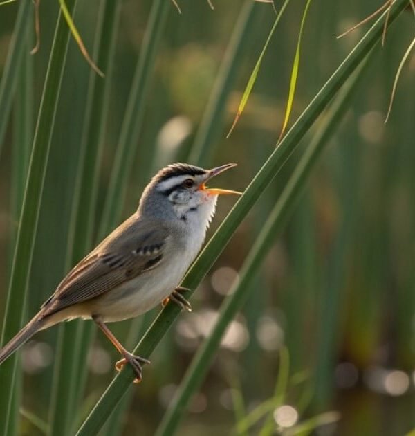 Grauer’s Rush Warbler singing in papyrus wetland, Echuya Forest Uganda