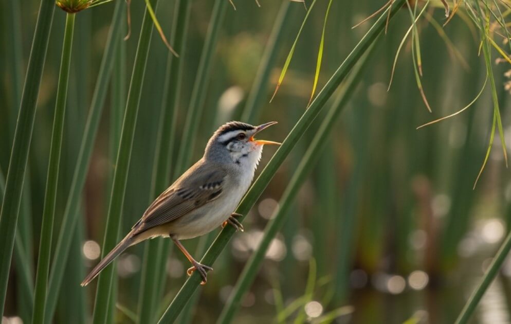 Grauer’s Rush Warbler singing in papyrus wetland, Echuya Forest Uganda